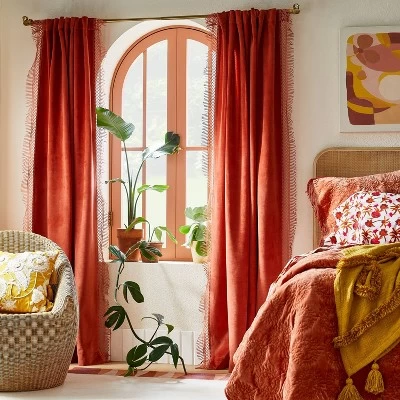 1pc Light Filtering Velvet Macrame Trim Window Curtain Panel Burnt Orange - Opalhouse™ Designed With Jungalow™ 1 1pc Light Filtering Velvet Macrame Trim Window Curtain Panel Burnt Orange - Opalhouse™ Designed With Jungalow™